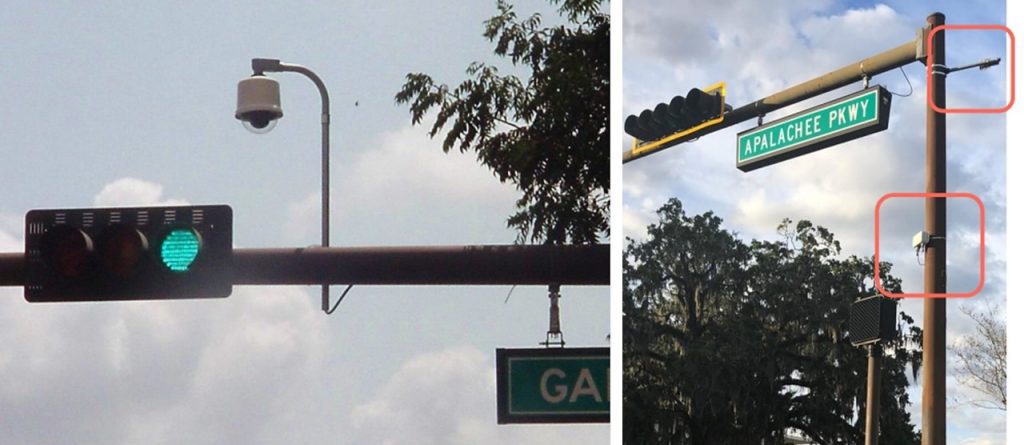 Collage of CCTV cameras, Wifi and Bluetooth devices at an intersection with ITS technology